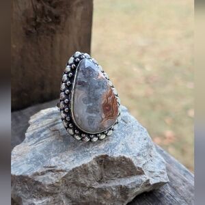 Handcrafted Mexican Crazy Lace Agate Teardrop Ring (7.25)